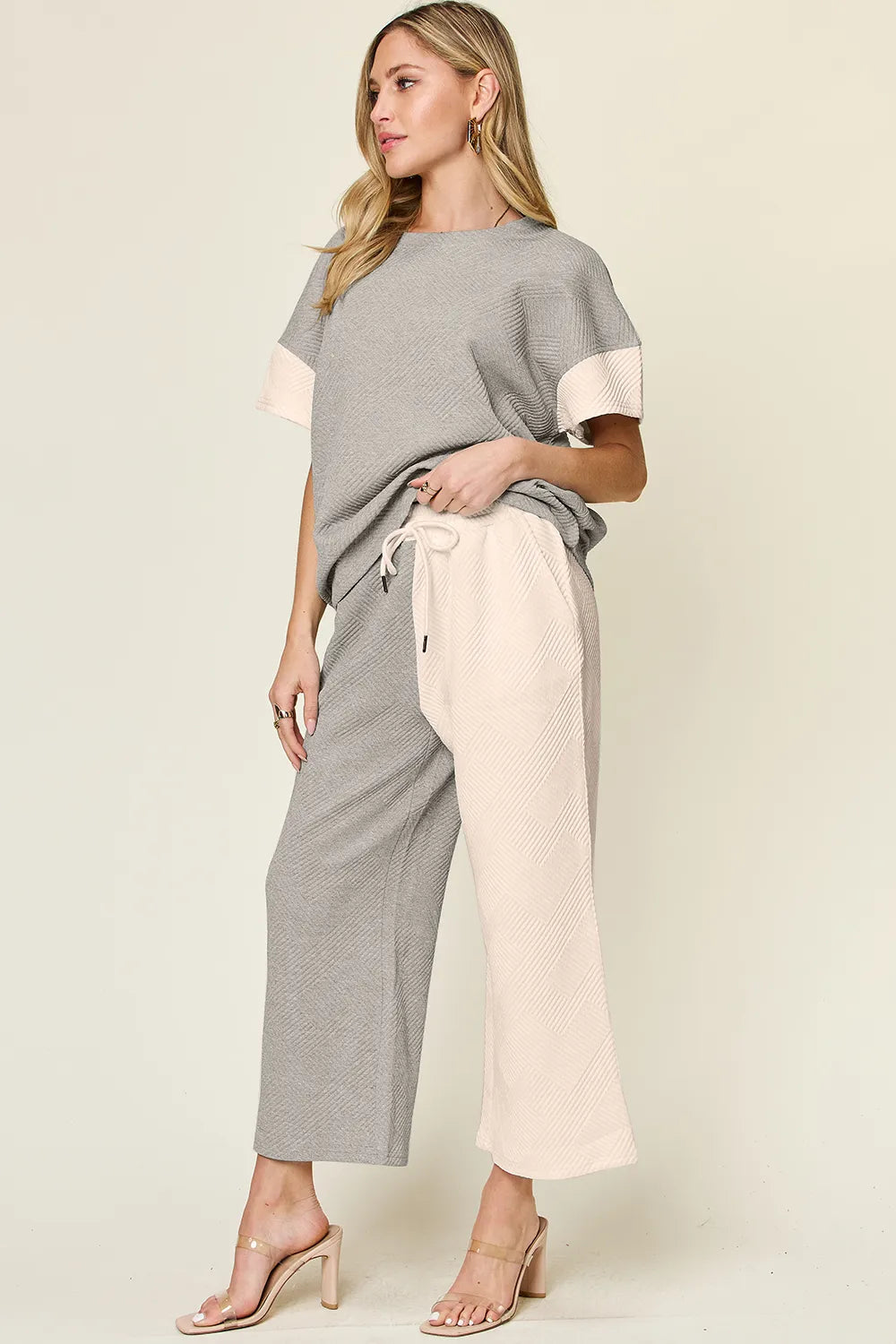 Double Take Full Size Texture Contrast T-Shirt and Wide Leg Pants Set - -