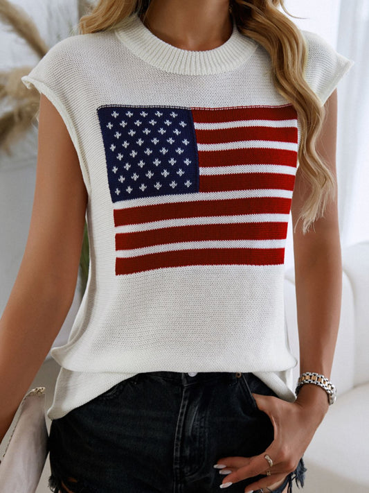 Devine US Flag Round Neck Sweater Vest - White -