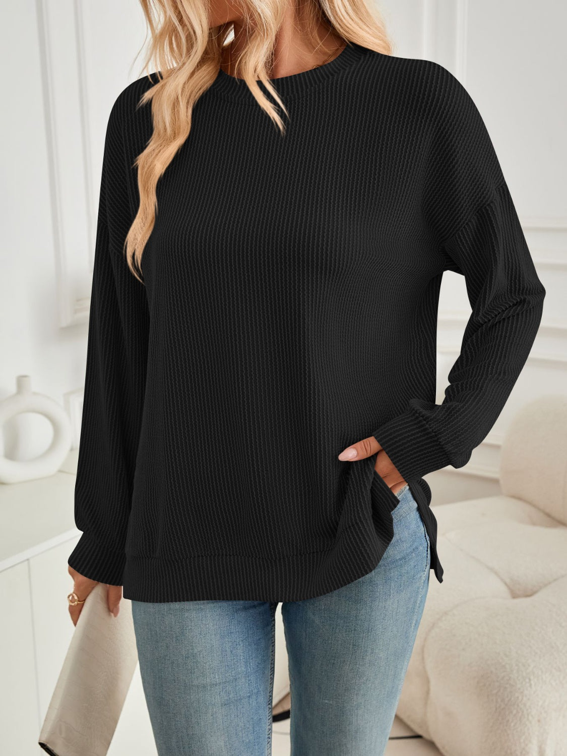 Lovelet Slit Round Neck Long Sleeve Sweatshirt