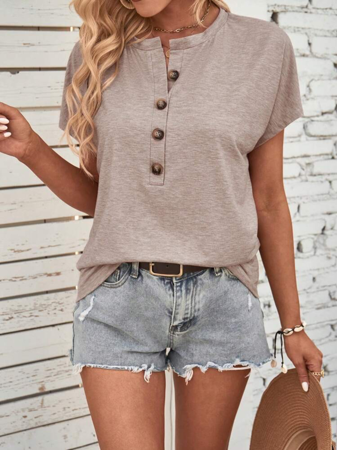 Half Button Short Sleeve Top - -