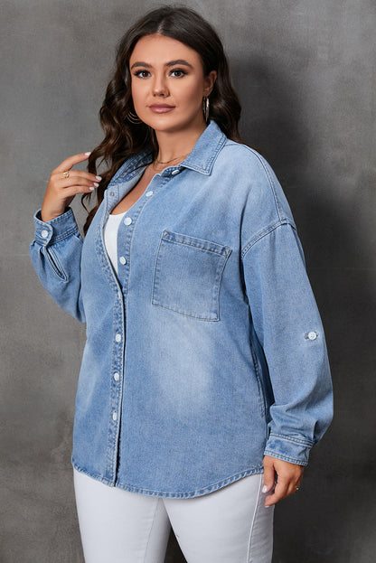 Plus Size Button Up Pocketed Denim Top - -
