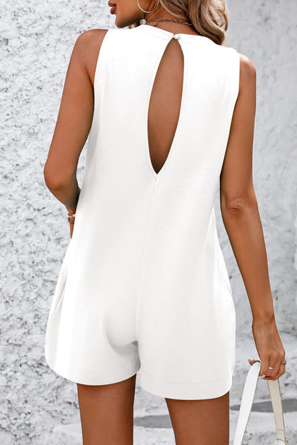 Round Neck Sleeveless Front Pocket Romper - -