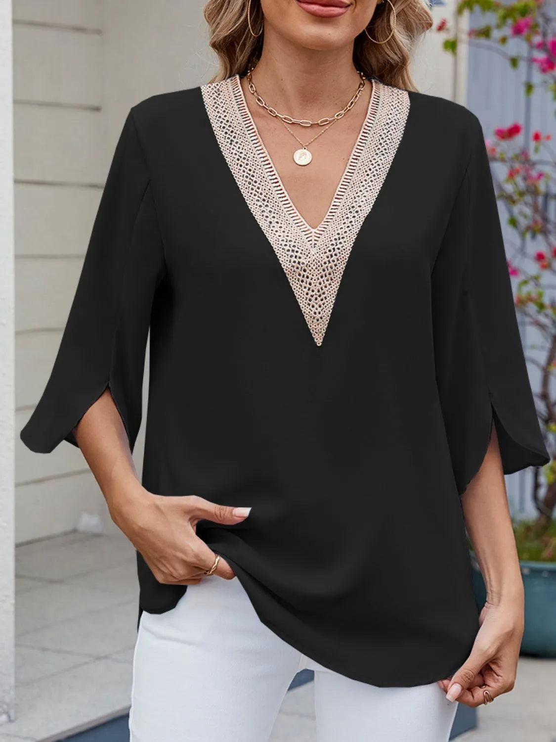 V-Neck 3/4 Sleeve Blouse - -