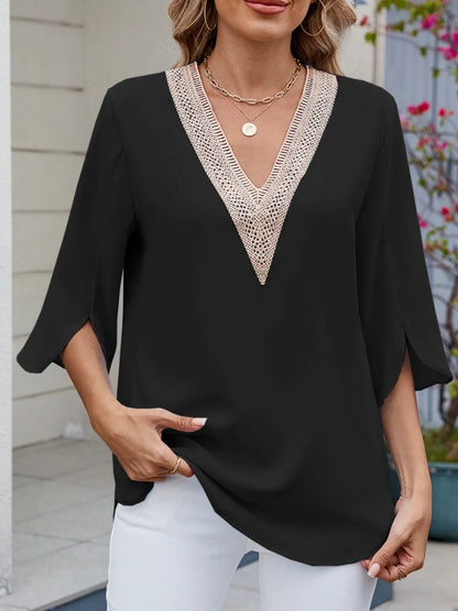 V-Neck 3/4 Sleeve Blouse - -
