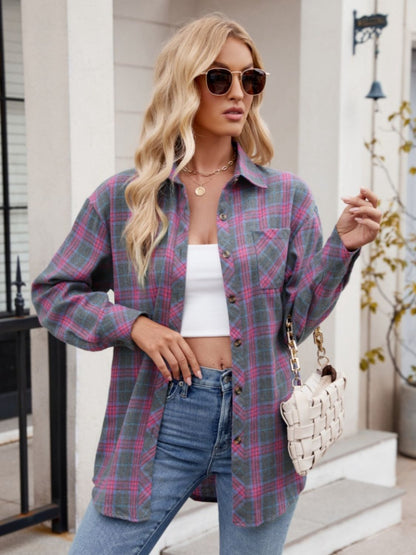 Pocketed Plaid Collared Neck Long Sleeve Shirt - Red-Violet -