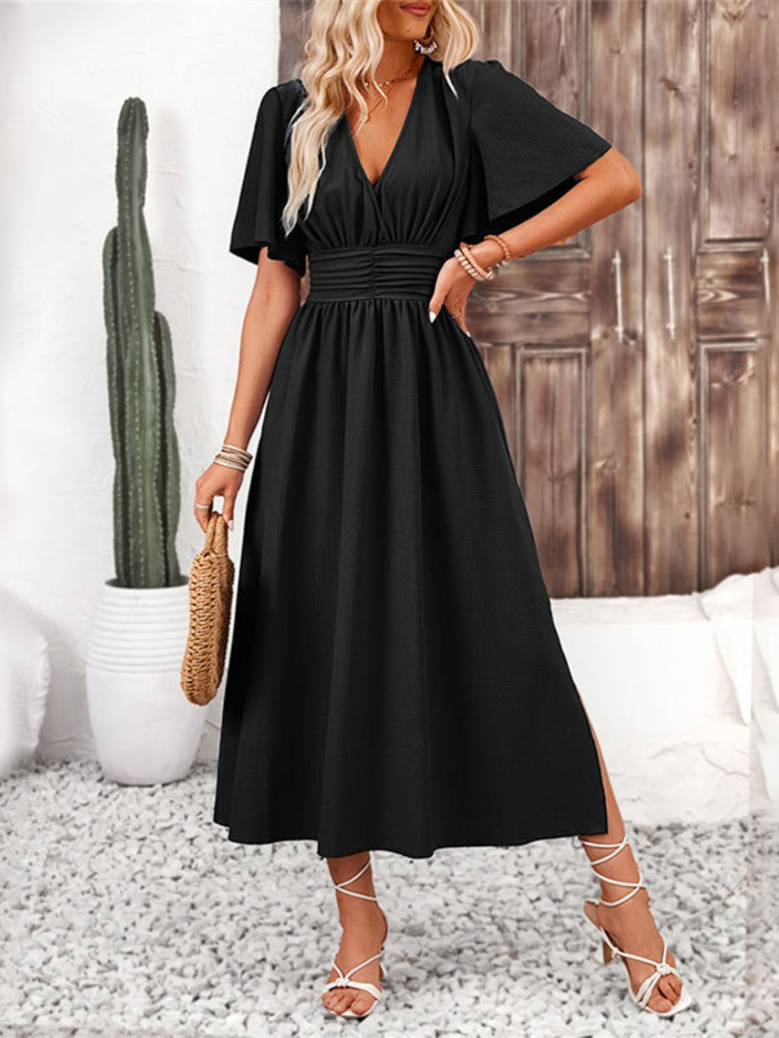 Side Slit Surplice Flutter Sleeve Midi Dress - -