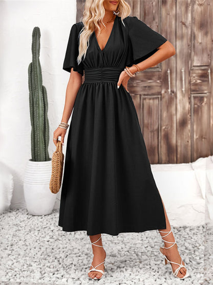 Side Slit Surplice Flutter Sleeve Midi Dress - -
