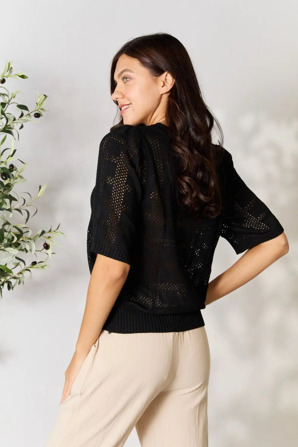 Mandy Ribbed Trim Round Neck Knit Top - -