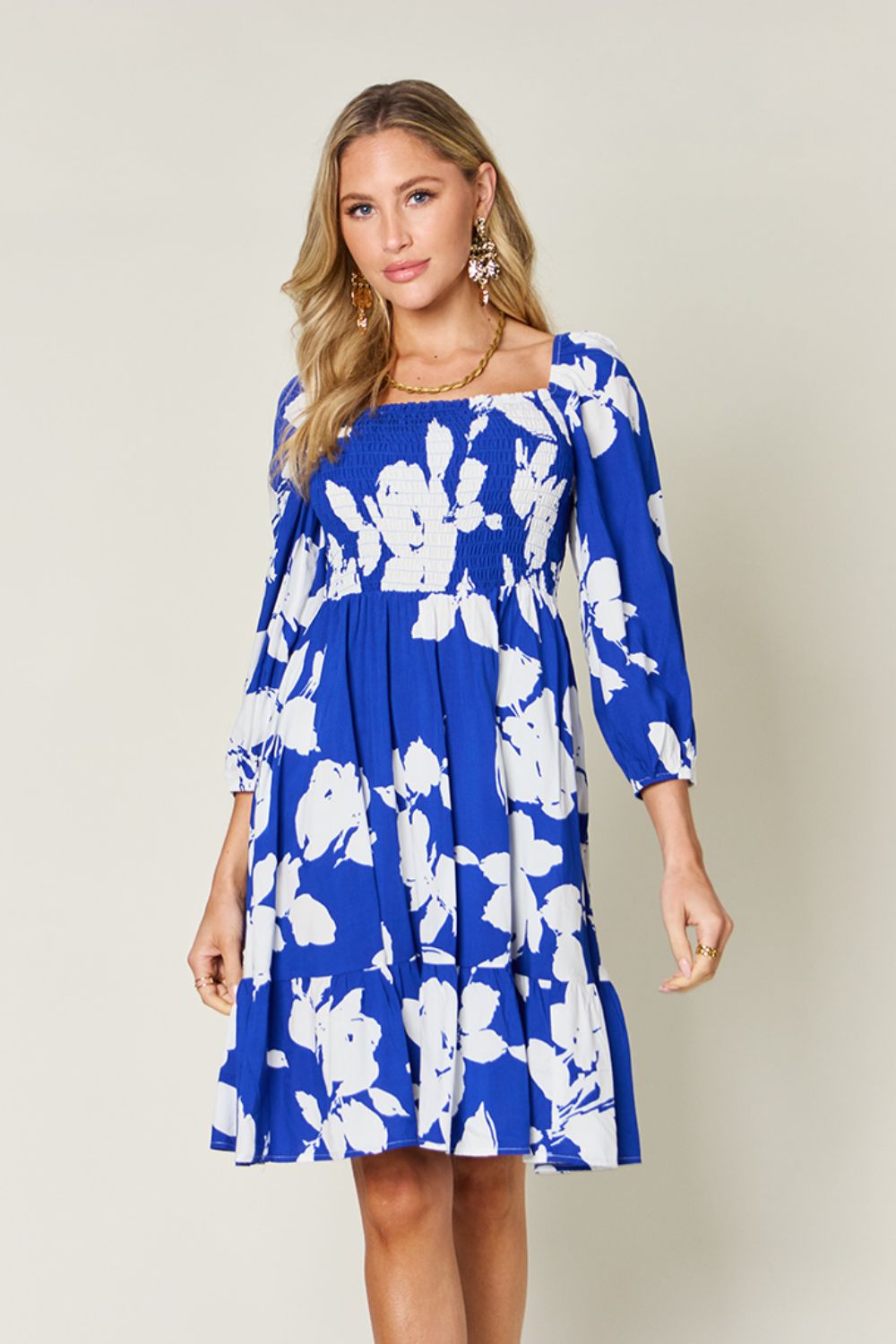 Double Take Full Size Floral Ruffle Hem Smocked Dress with Pockets - Royal Blue -