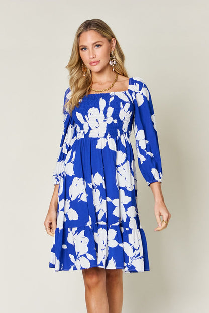 Double Take Full Size Floral Ruffle Hem Smocked Dress with Pockets - Royal Blue -