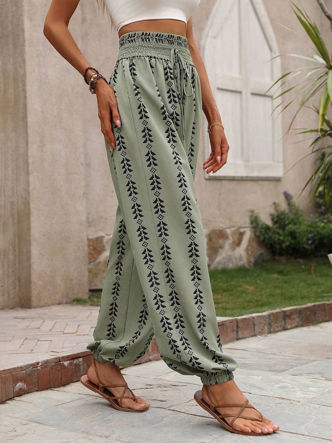 Tied Printed High Waist Pants - -