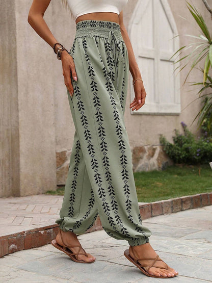 Tied Printed High Waist Pants - -