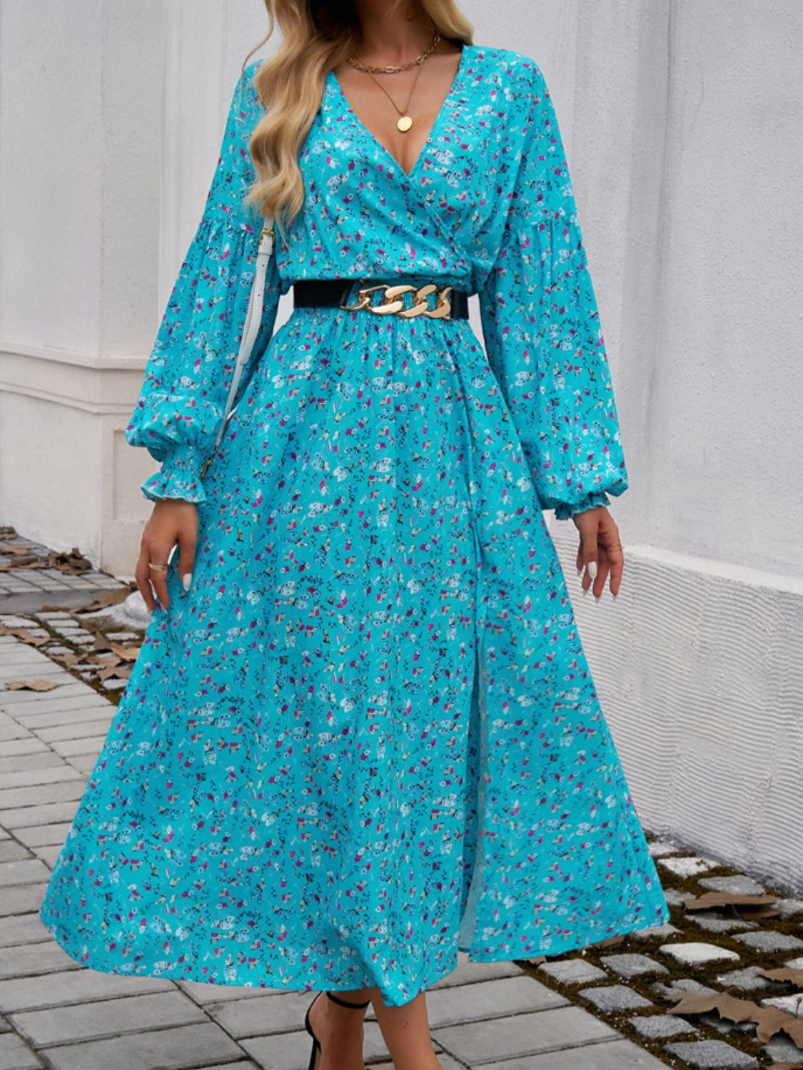 Devine Split Printed Surplice Long Sleeve Midi Dress - -