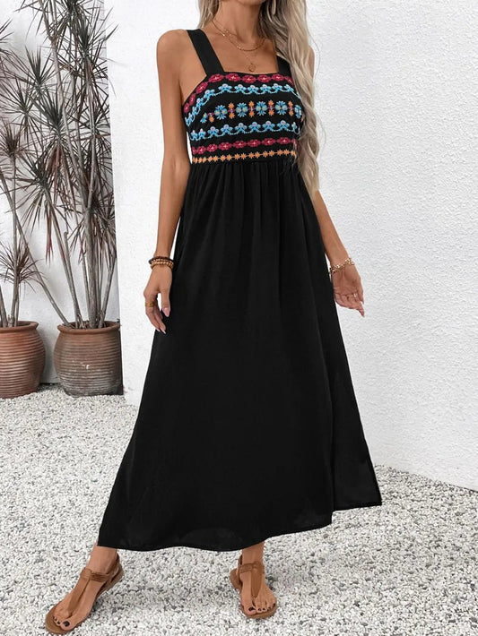 Perfee Embroidered Floral Side Slit Sleeveless Midi Dress - Black -
