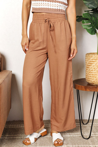 Double Take Drawstring Smocked Waist Wide Leg Pants - Camel -