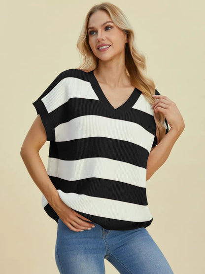 Double Take Full Size Striped V-Neck Short Sleeve Sweater - -