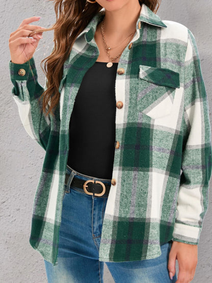 Full Size Pocketed Plaid Collared Neck Shacket - Dark Green -