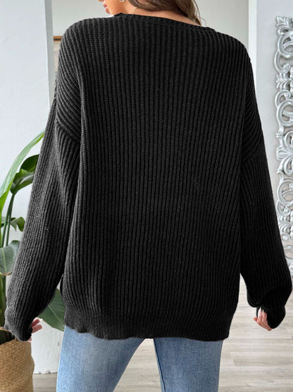 Contrast Dropped Shoulder Long Sleeve Sweater - -
