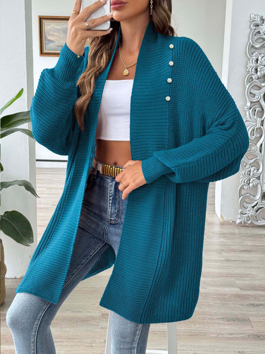 Open Front Long Sleeve Cardigan - -