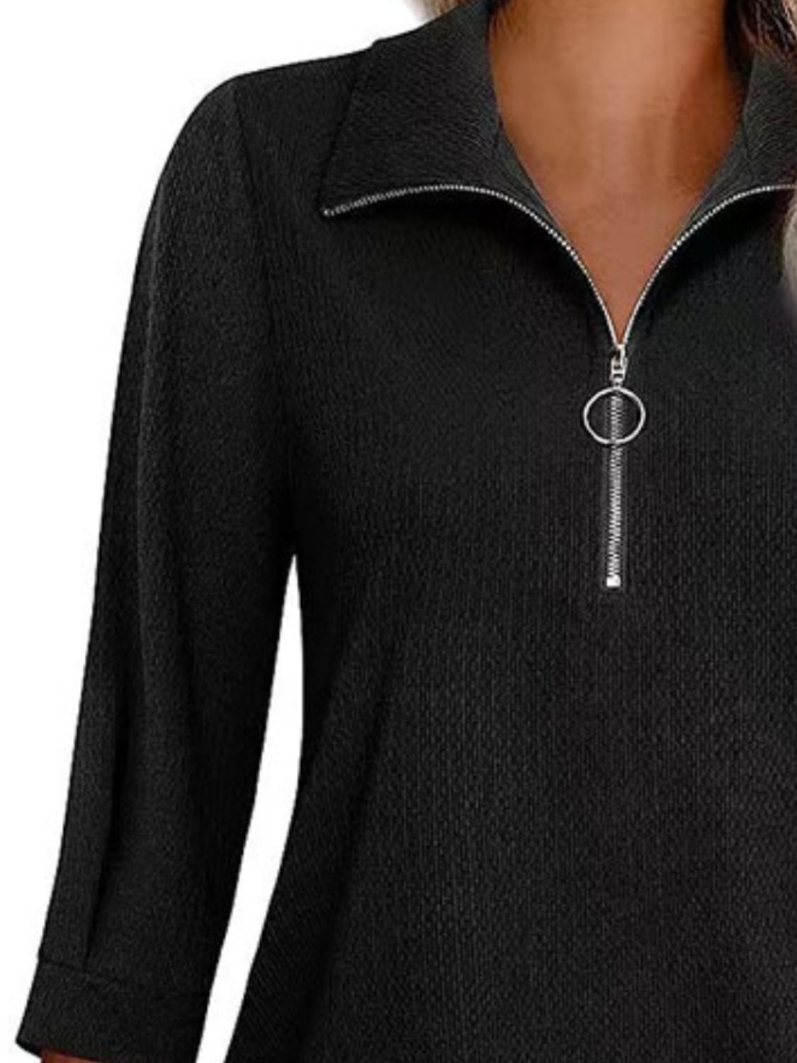 Half Zip Collared Neck Three-Quarter Sleeve T-Shirt - -
