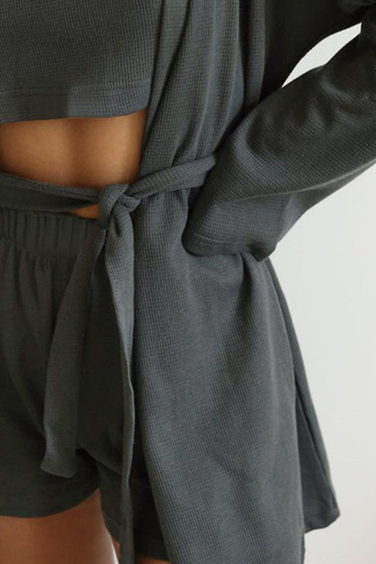 3-Piece Waffle-Knit Lounge Set – Cardigan, Tee & Shorts - -