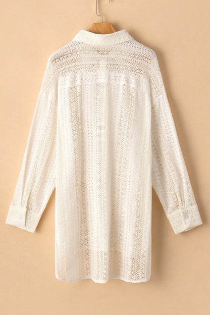 Lace Crochet Collared Neck Oversized Shirt - -