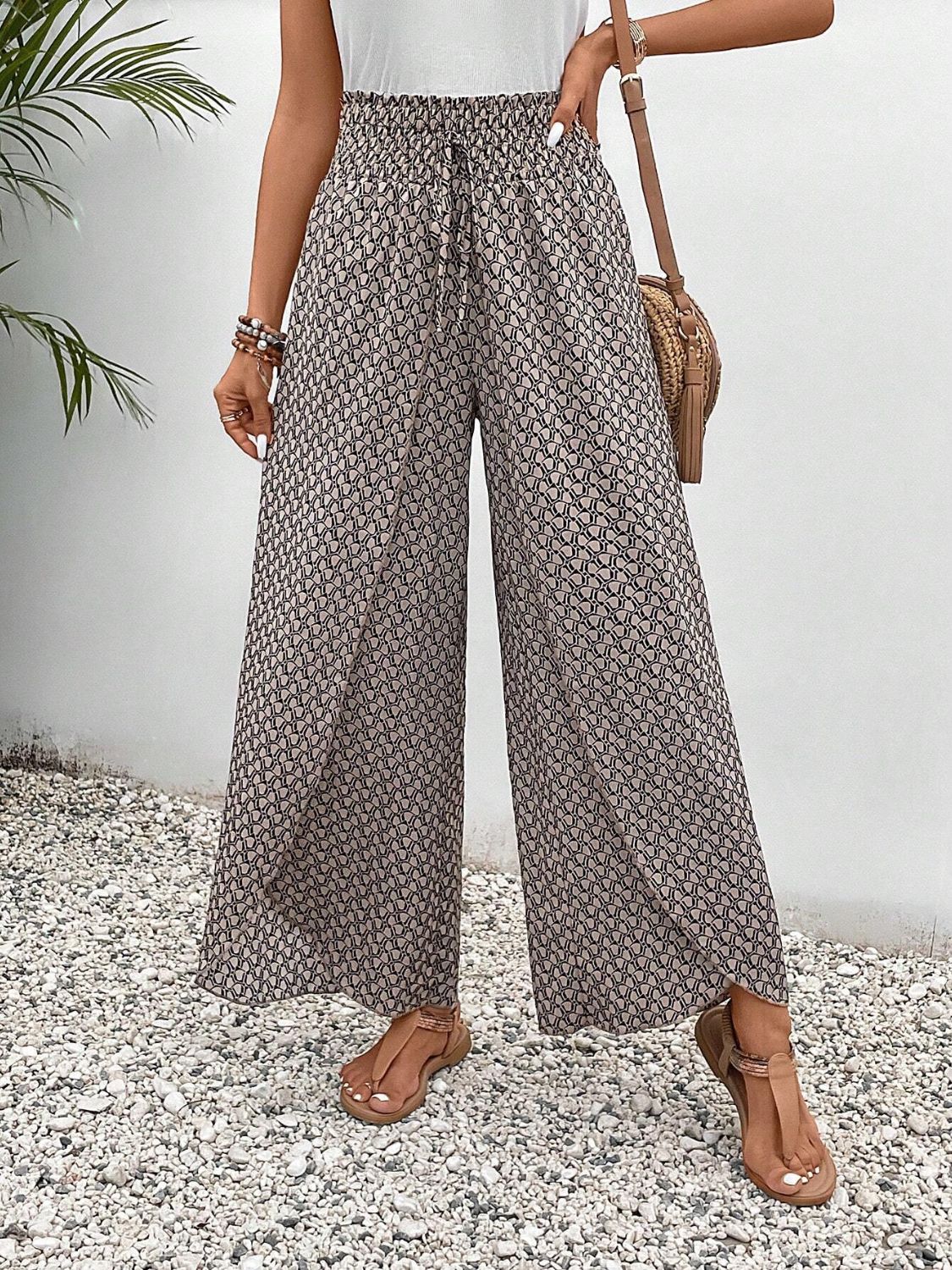 Tied Printed Wide Leg Pants - Light Gray -