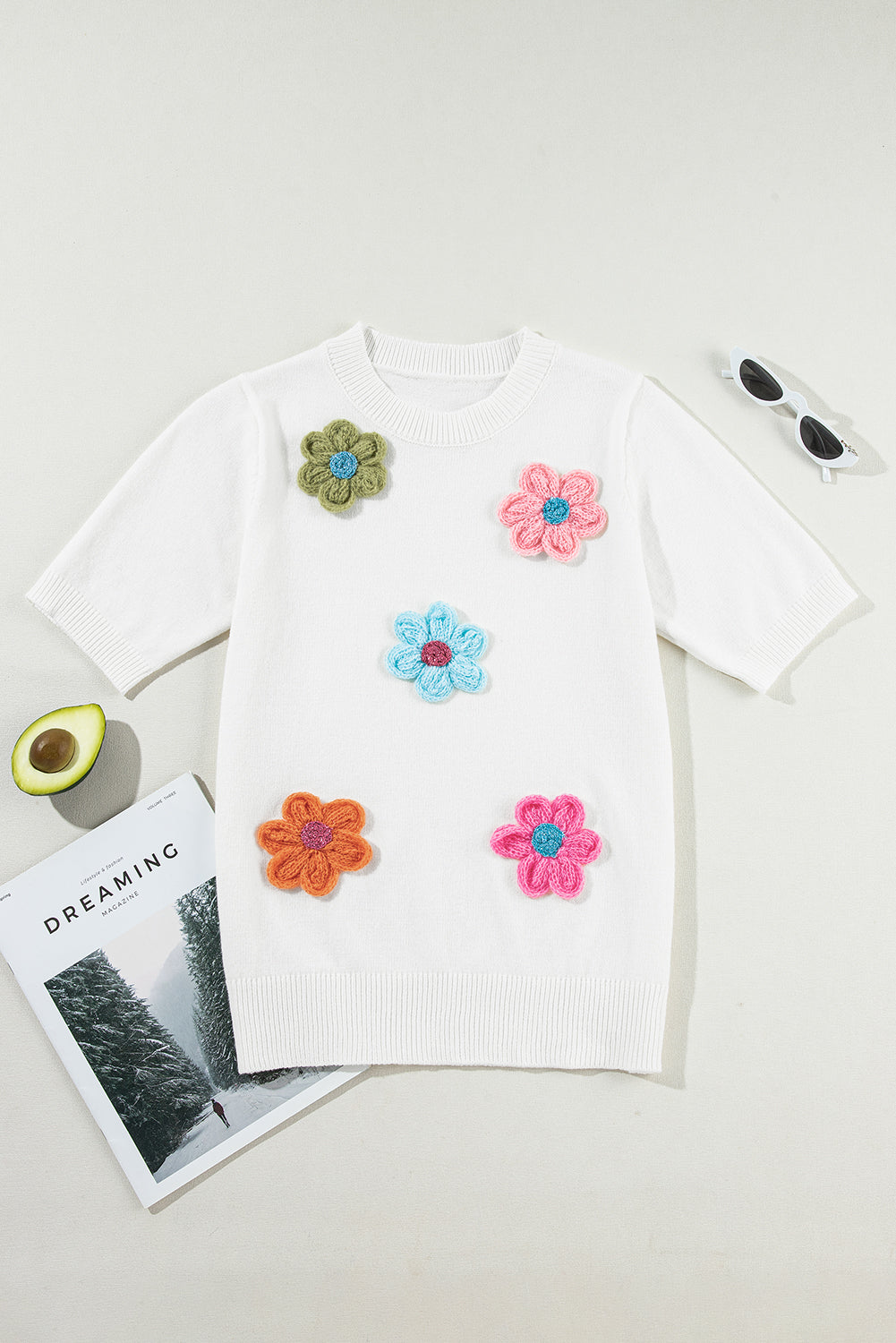 Flower Round Neck Short Sleeve Sweater