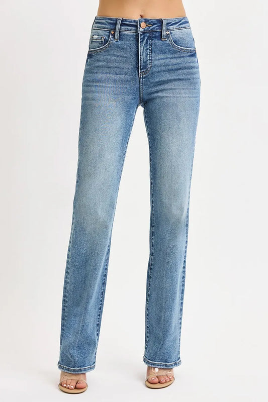 Light blue straight-leg jeans with high waist and slight faded wash detailing.