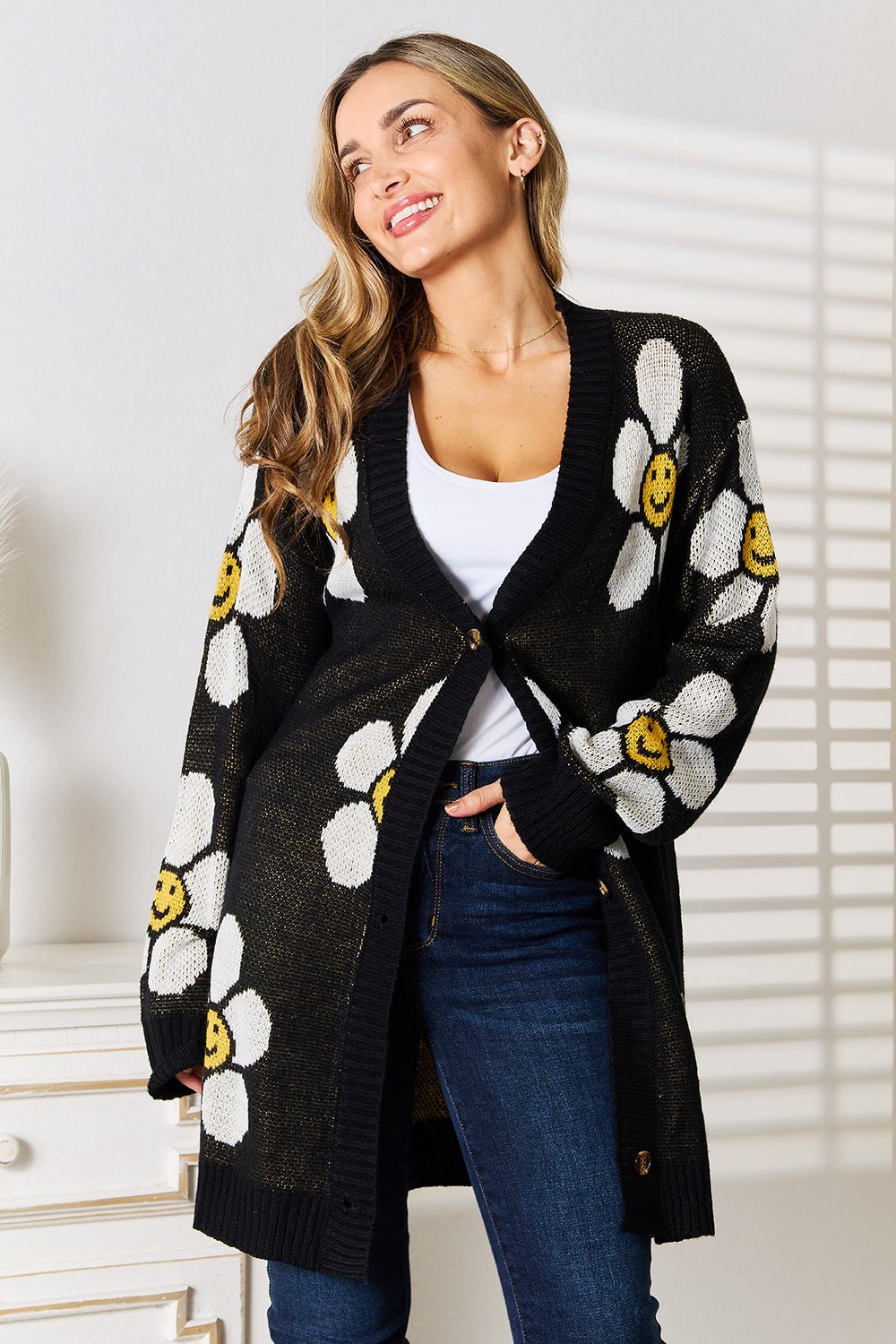 Perfee Floral Button Down Longline Cardigan - -
