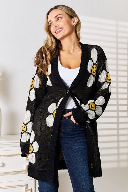 Perfee Floral Button Down Longline Cardigan - -