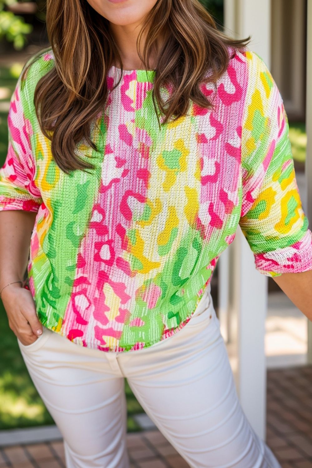 Plus Size Printed Round Neck T-Shirt - Fuchsia Pink -