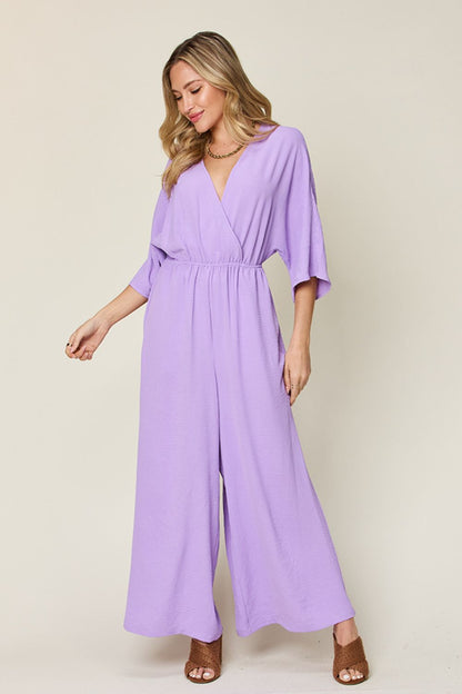 Double Take Full Size Surplice Wide Leg Jumpsuit with Pockets - Lavender -