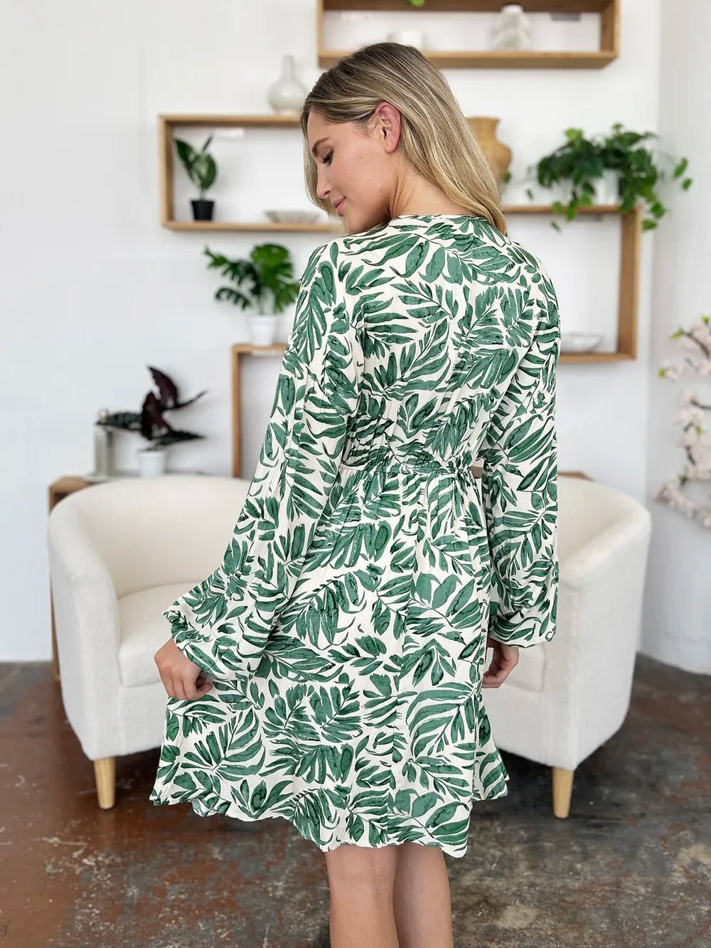 Double Take Full Size Printed Ruched Balloon Sleeve Dress – | Shannon’s Chique Boutique