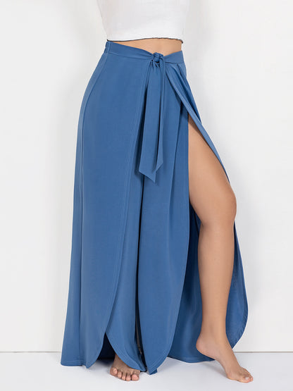 Plus Size Tied Slit Wide Leg Pants - -