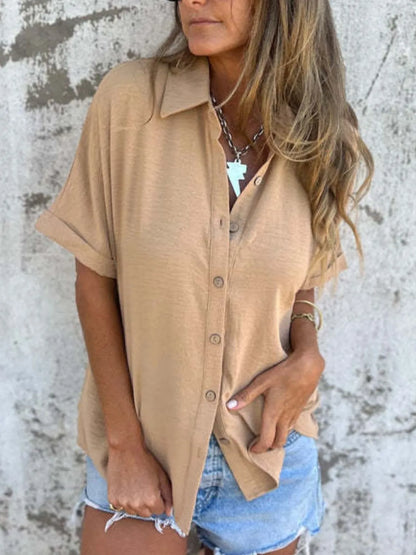 Full Size Collared Neck Half Sleeve Shirt Plus Size - Tan -