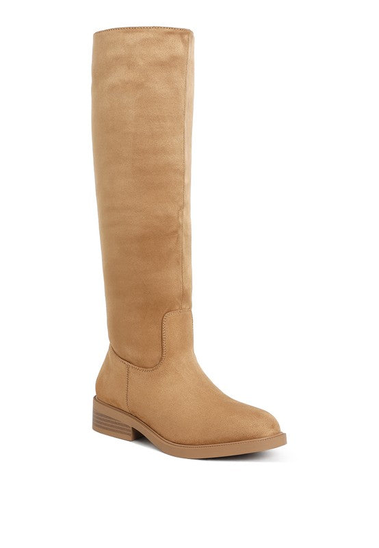 Tan knee-high boot with a low block heel and soft suede finish