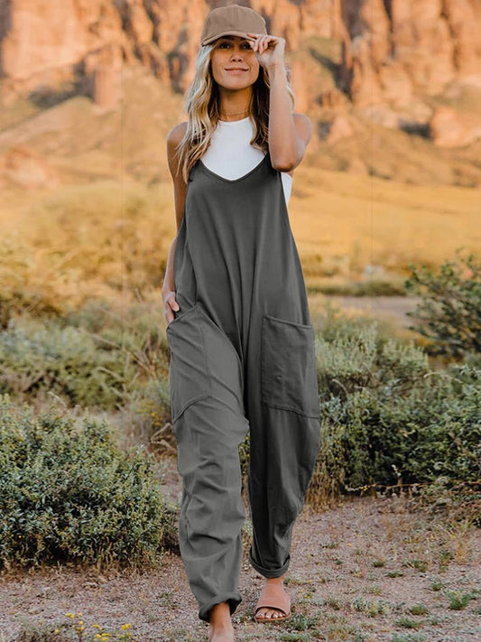 Double Take Full Size Pocketed V-Neck Jumpsuit – Plus Size, Relaxed Fit, Travel Ready - Dark Gray -