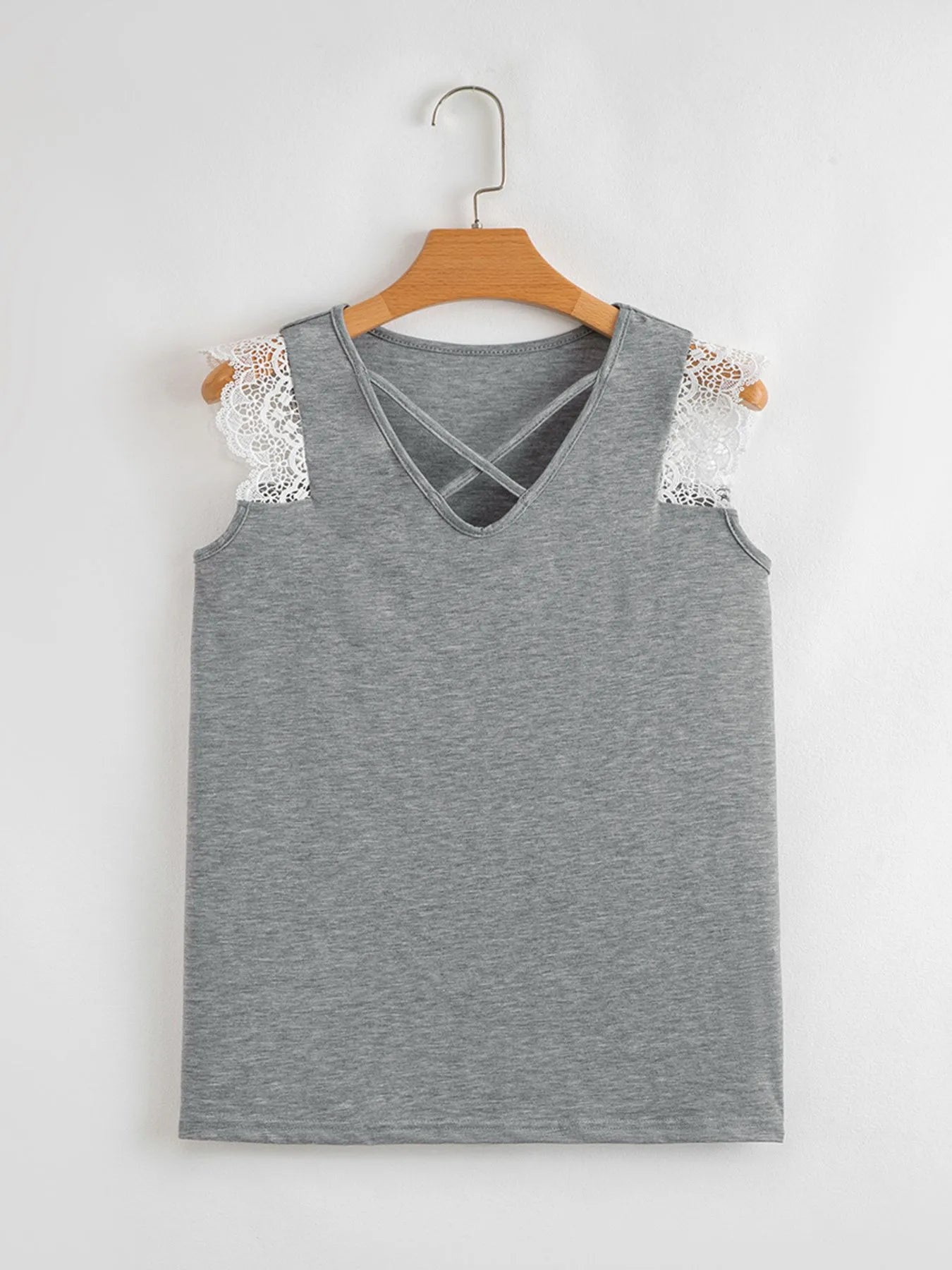 Lace Trim Cross-Front V-Neck Tank Top - -