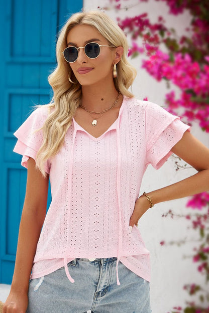 Mandy Eyelet Tie-Neck Flutter Sleeve Blouse