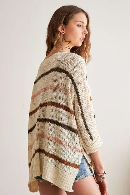 ADORA Full Size Multi Color Strip Sweater Plus Size - -