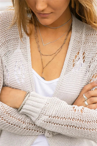 Openwork Side Slit Open Front Long Sleeve Cardigan - -