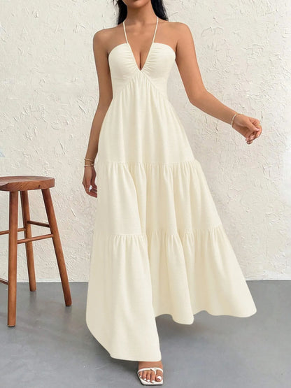 Luxe Halter Tiered Maxi Dress - Elevated Backless Statement - Apricot -