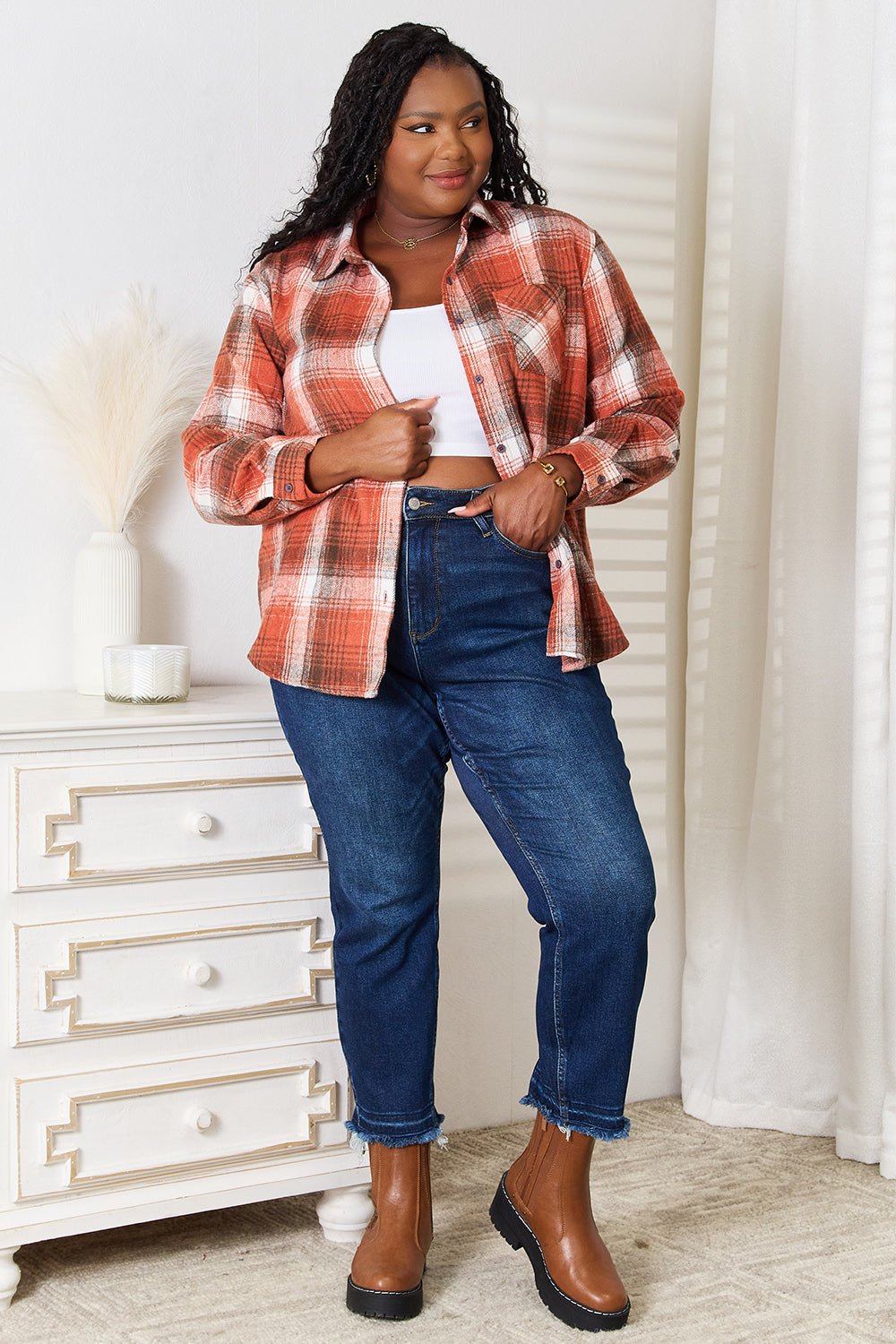 Plaid Collared Neck Long Sleeve Shirt – | Shannon’s Chique Boutique