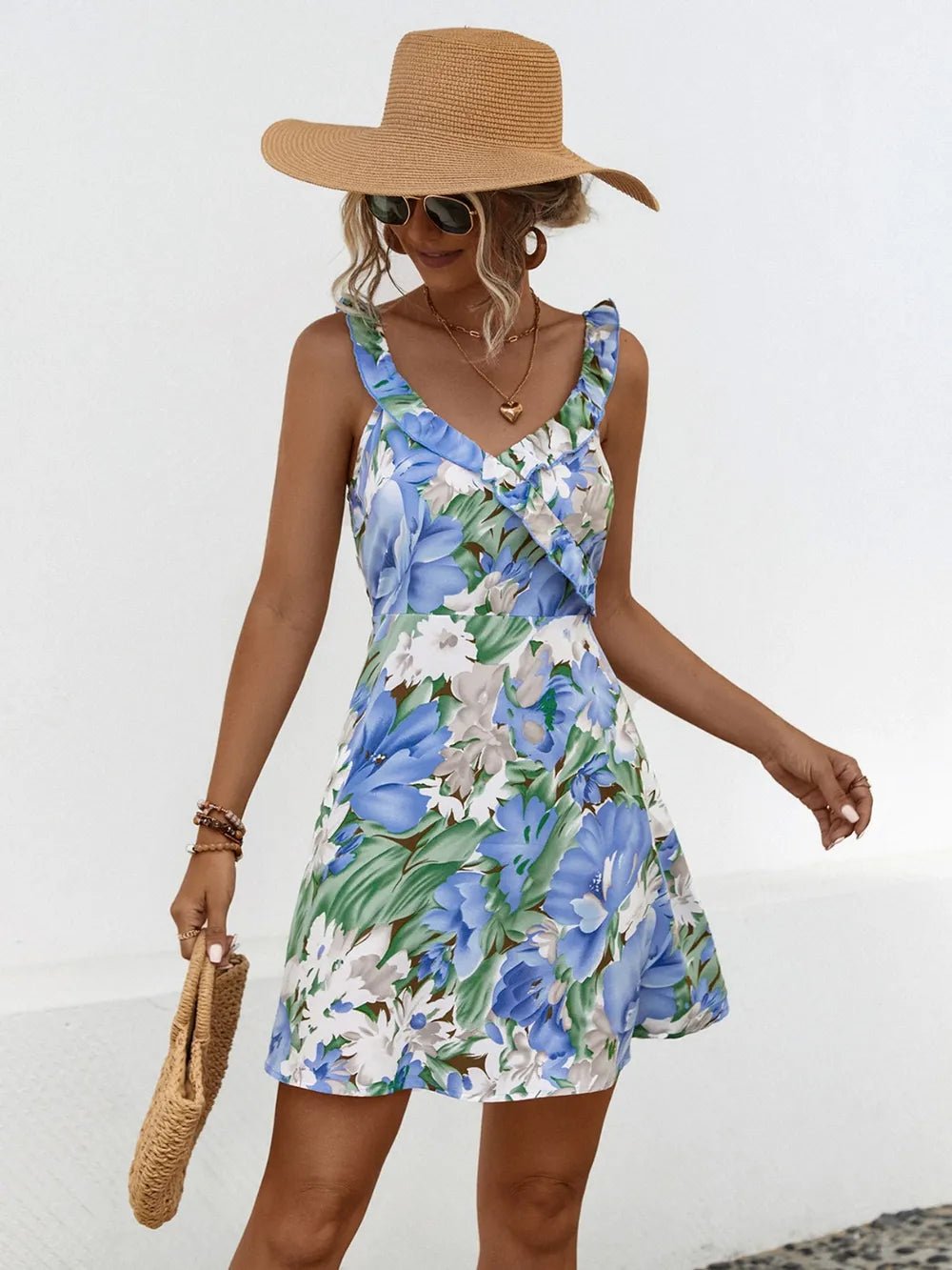 Printed Ruffled Surplice Wide Strap Mini Dress - -