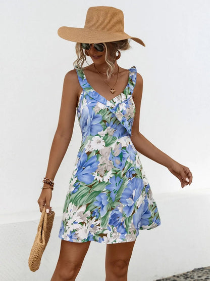 Printed Ruffled Surplice Wide Strap Mini Dress - -