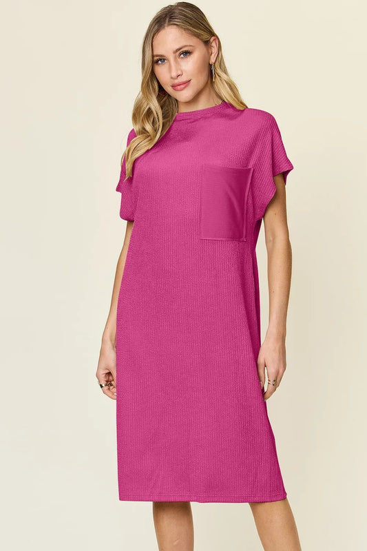 Double Take Full Size Texture Mock Neck Short Sleeve Dress - Hot Pink -