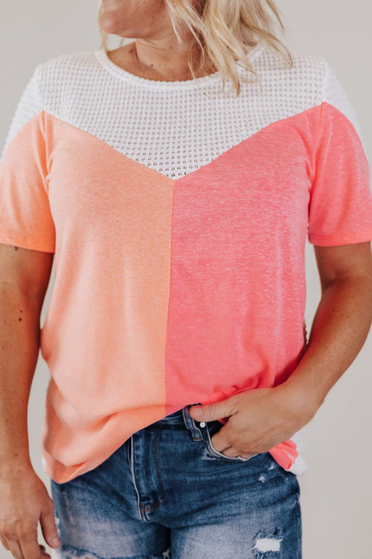 Plus Size Color Block Round Neck Short Sleeve T-Shirt - Sherbet -