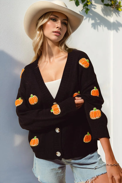 Double Take Full Size Pumpkin Button Up Long Sleeve Cardigan - Black -