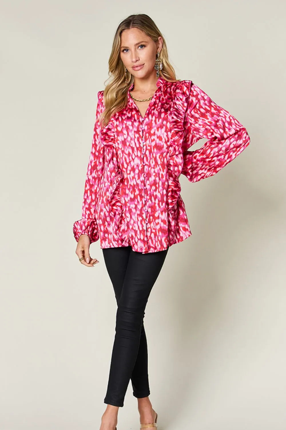 Double Take Full Size Printed Ruffle Trim Balloon Sleeve Shirt - -